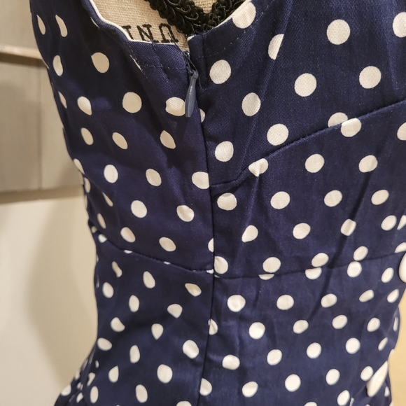 Navy blue with white polka dots pin-up retro dress Size M - Picture 3 of 8